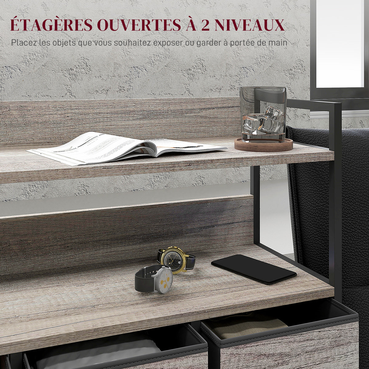 Meuble de rangement commode 7 tiroirs en tissu pliables et amovibles étagères ouvertes, gris