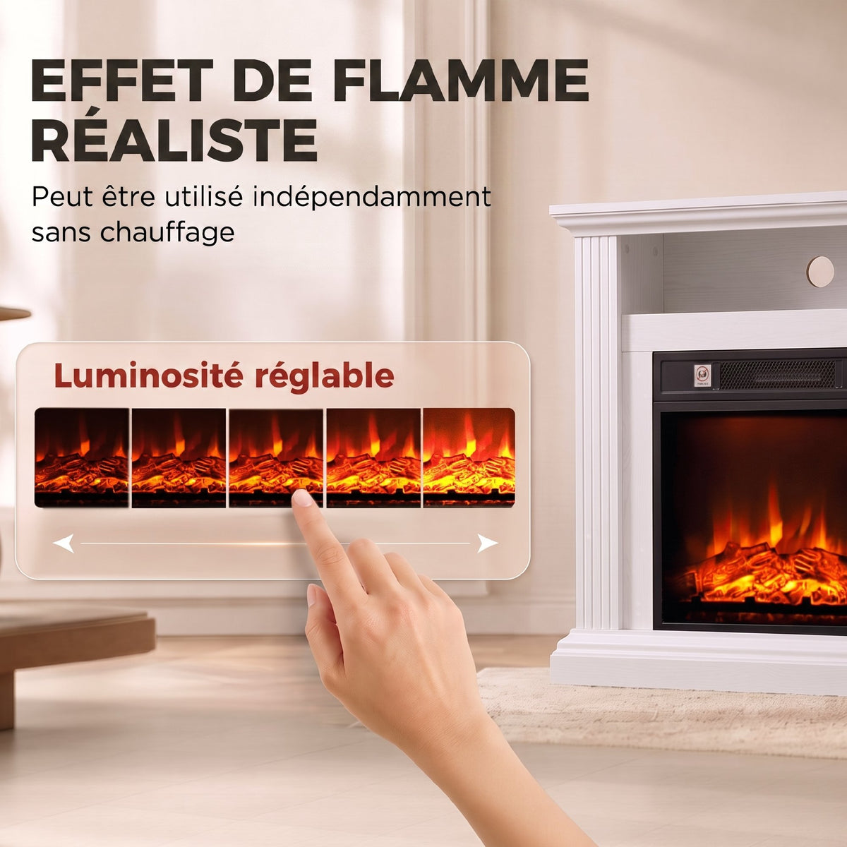 Cheminée Électrique 1800 W, Effet Flamme à 3 Niveaux de Luminosité, Fausse Cheminée avec Manteau, Effet Bois Blanc