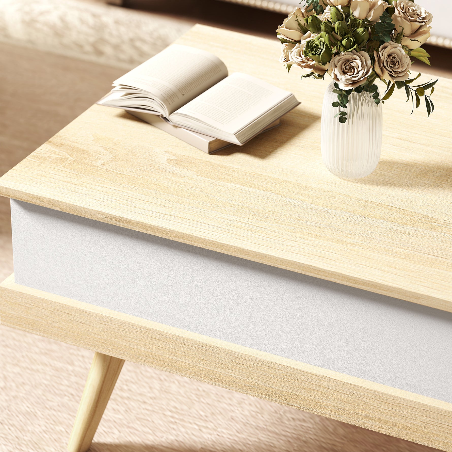 Table Basse Relevable avec 3 Compartiments Cachés, Table de Salon Moderne, Pieds en Bois, 100x79x54cm, Naturel Blanc