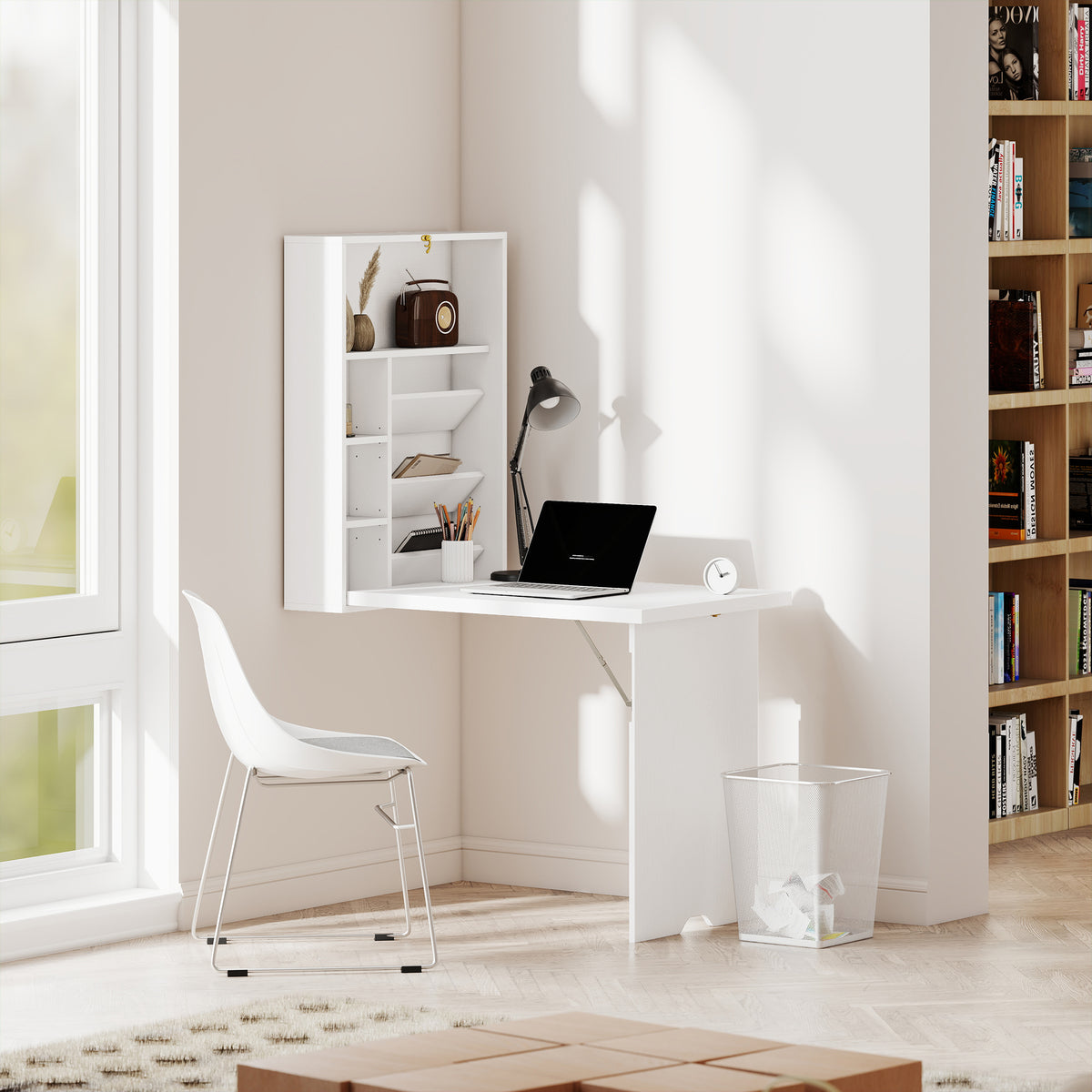 Bureau pliable mural, table murale pliante avec étagères pour salon, salle à manger, bureau, 93,8 x 60 x 147 cm, blanc