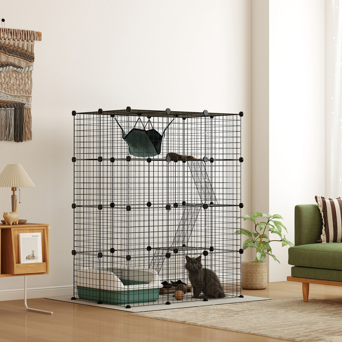 Indoor-Katzenkäfig, 4-stöckiger DIY-Katzenlaufstall aus Stahl mit 5 Türen und Hängematte, für 1-3 Katzen, 105 x 70 x 140 cm, Schwarz