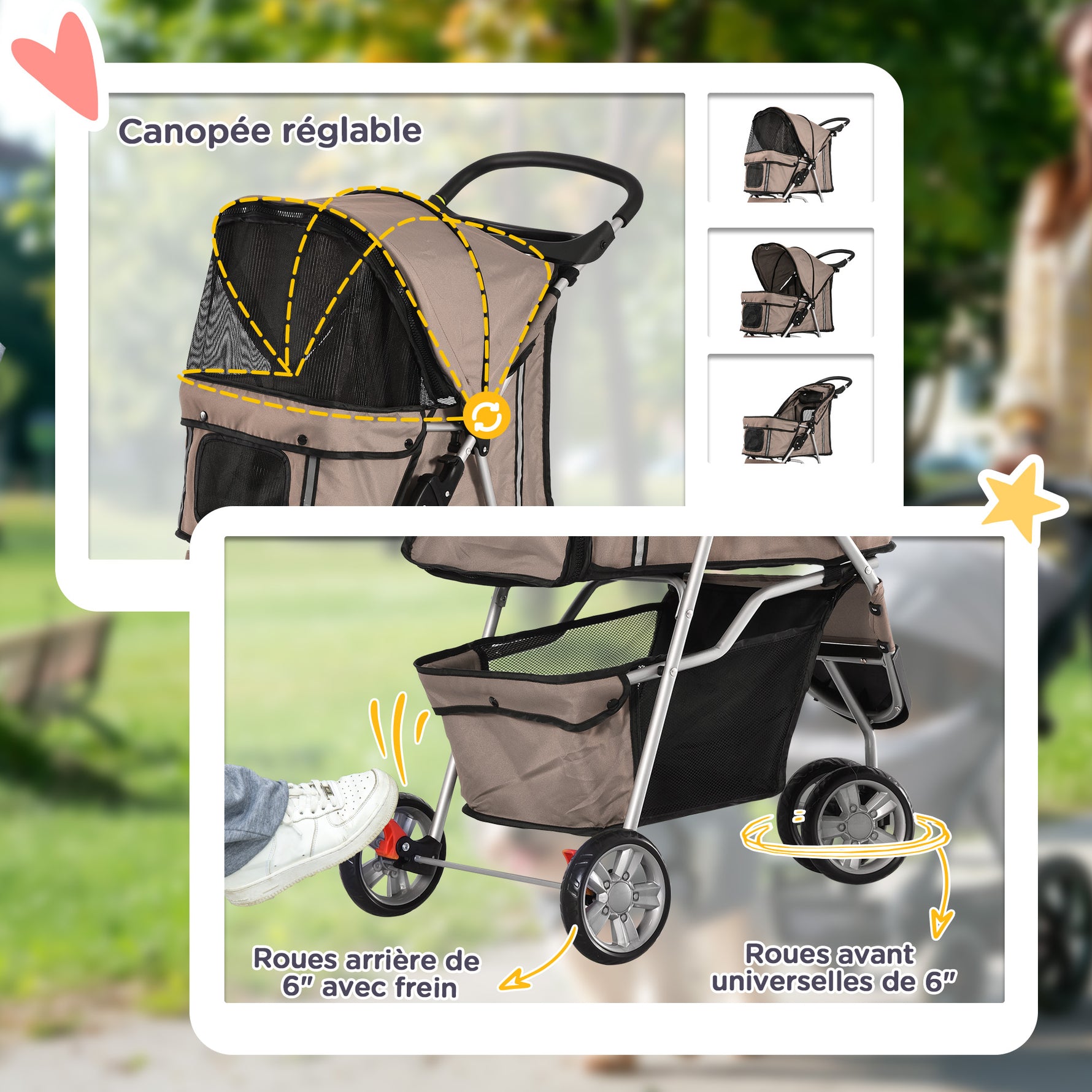 Poussette Buggy Pliable Animaux, Chariot Pliant Chien Chat, Porte-Gobelet Panier de Rangement Inclus, Roues avec Frein, Tissu 600D Oxford Acier, 75 x 45 x 97 cm Marron
