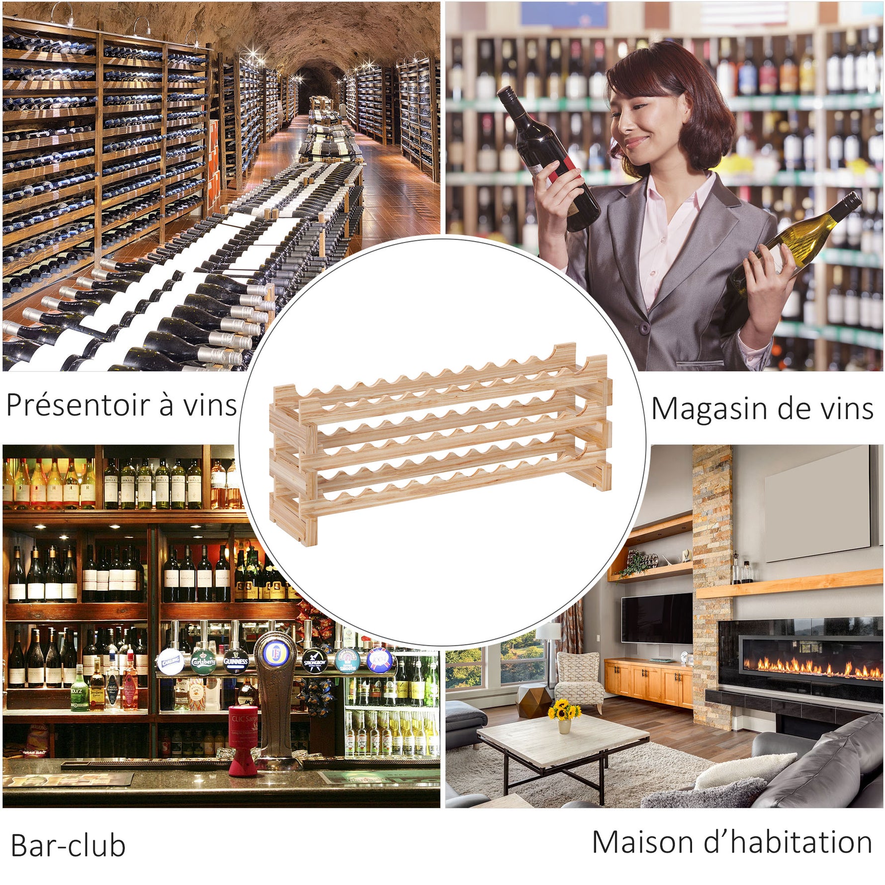 Casier à bouteilles pour 36 bouteilles, étagère à vin avec 3 niveaux modulable, 114×28×42,5cm, bois naturel