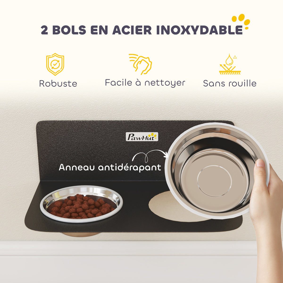 Gamelle Bol pour Chien Double Gamelle Support Mural 2 Bols Acier Inox 800ml Hauteur Réglable 42x23,5x14cm Noir