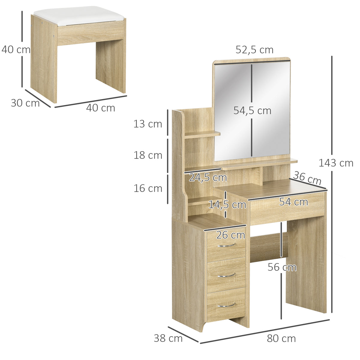 Kaptafelset met make-uptafel, gestoffeerde kruk, grote spiegel, meerdere open planken + 4 lades, naturel hout