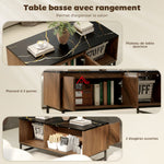 Table basse, table de salon, plateau effet marbre, 2 portes et 2 niches ouvertes, 100 x 50,8 x 45,7 cm, noyer