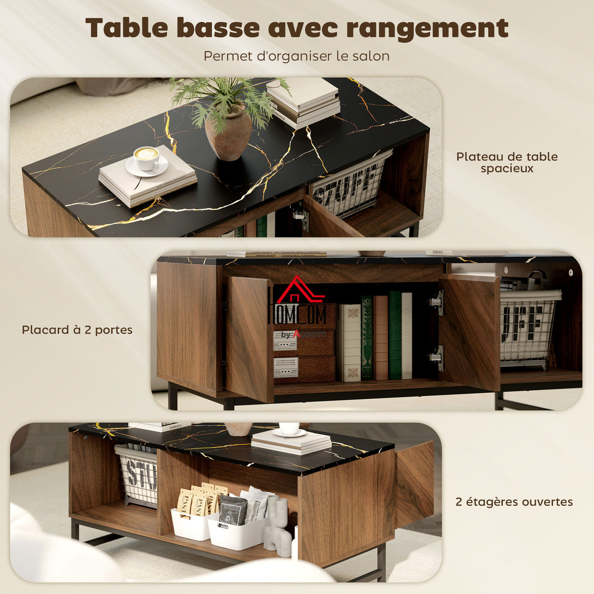 Table basse, table de salon, plateau effet marbre, 2 portes et 2 niches ouvertes, 100 x 50,8 x 45,7 cm, noyer