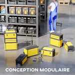 Lot de 3 boîtes à outils sur roulettes empilables et modulaires en acier avec plateau, poignées et serrure, jaune