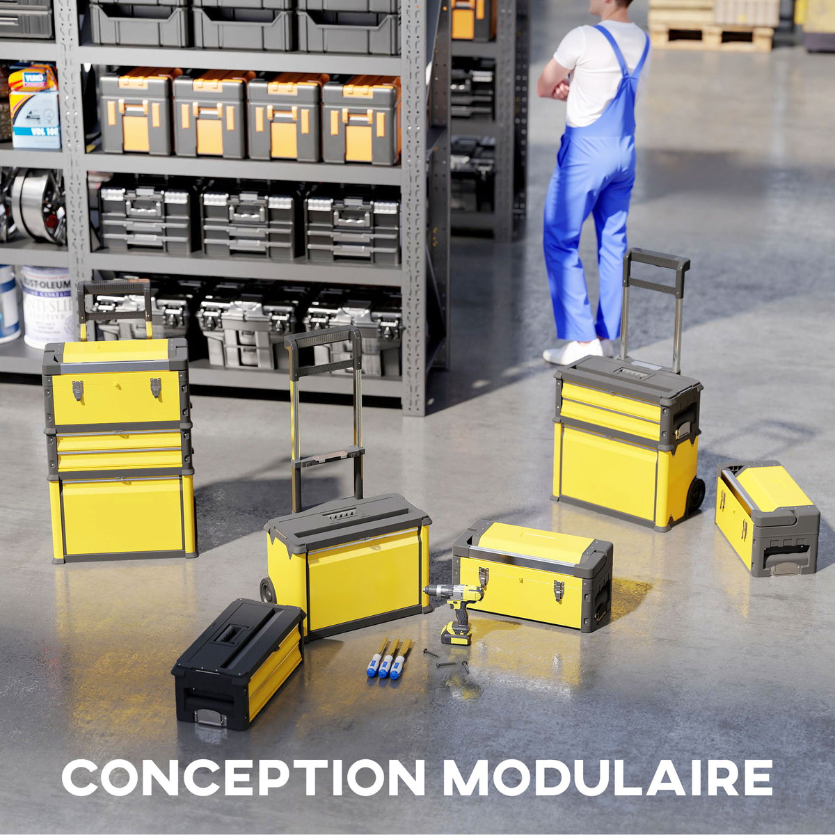 Lot de 3 boîtes à outils sur roulettes empilables et modulaires en acier avec plateau, poignées et serrure, jaune