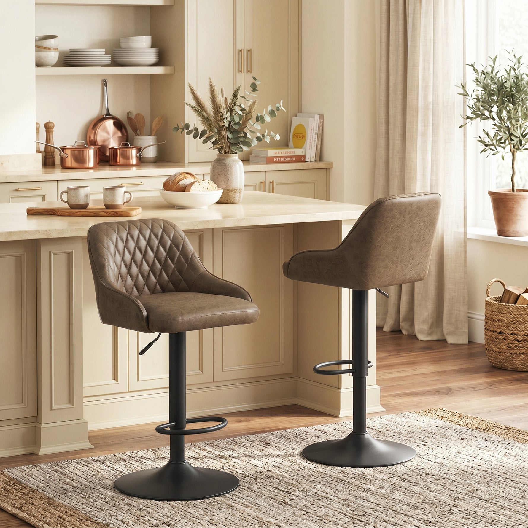 Lot de 2 Tabourets de Bar, Tabourets Hauts Cuisine avec Siège Pivotant et Hauteur Réglable, Marron Foncé