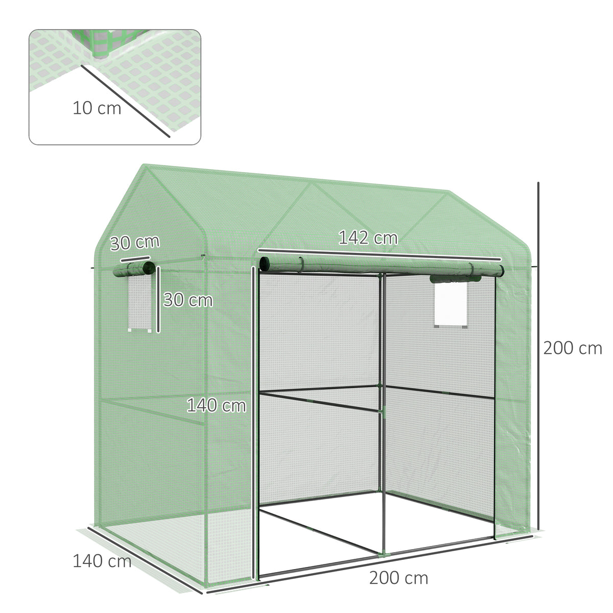 Serre de jardin 2,8m² avec 1 grande porte enroulable et 2 fenêtres, dim. 200L x 140l x 200H cm, vert
