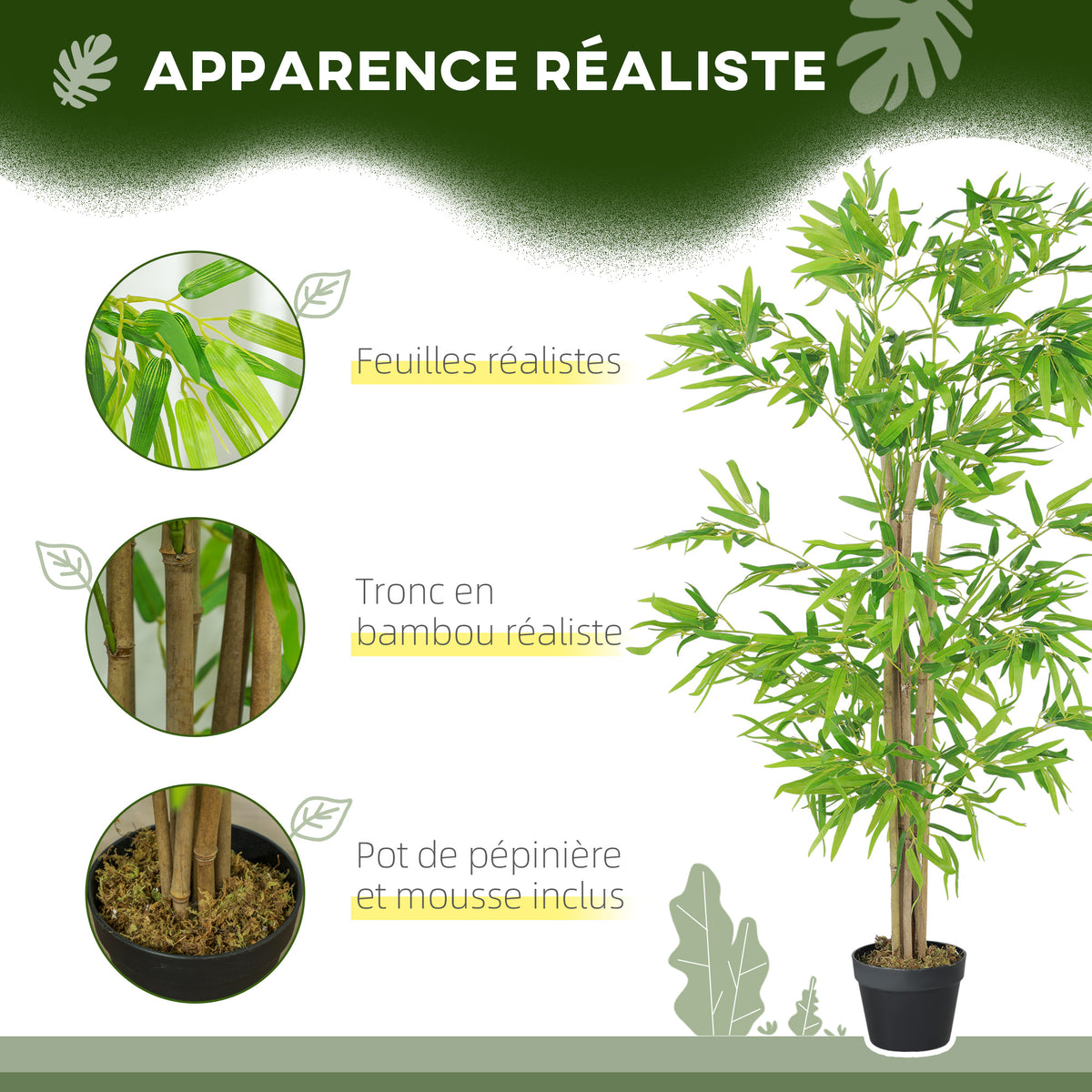 Lot de 2 bambous artificiels Hauteur 1,5 m 644 Feuilles denses réalistes Pot Inclus Noir avec Lichen Vert