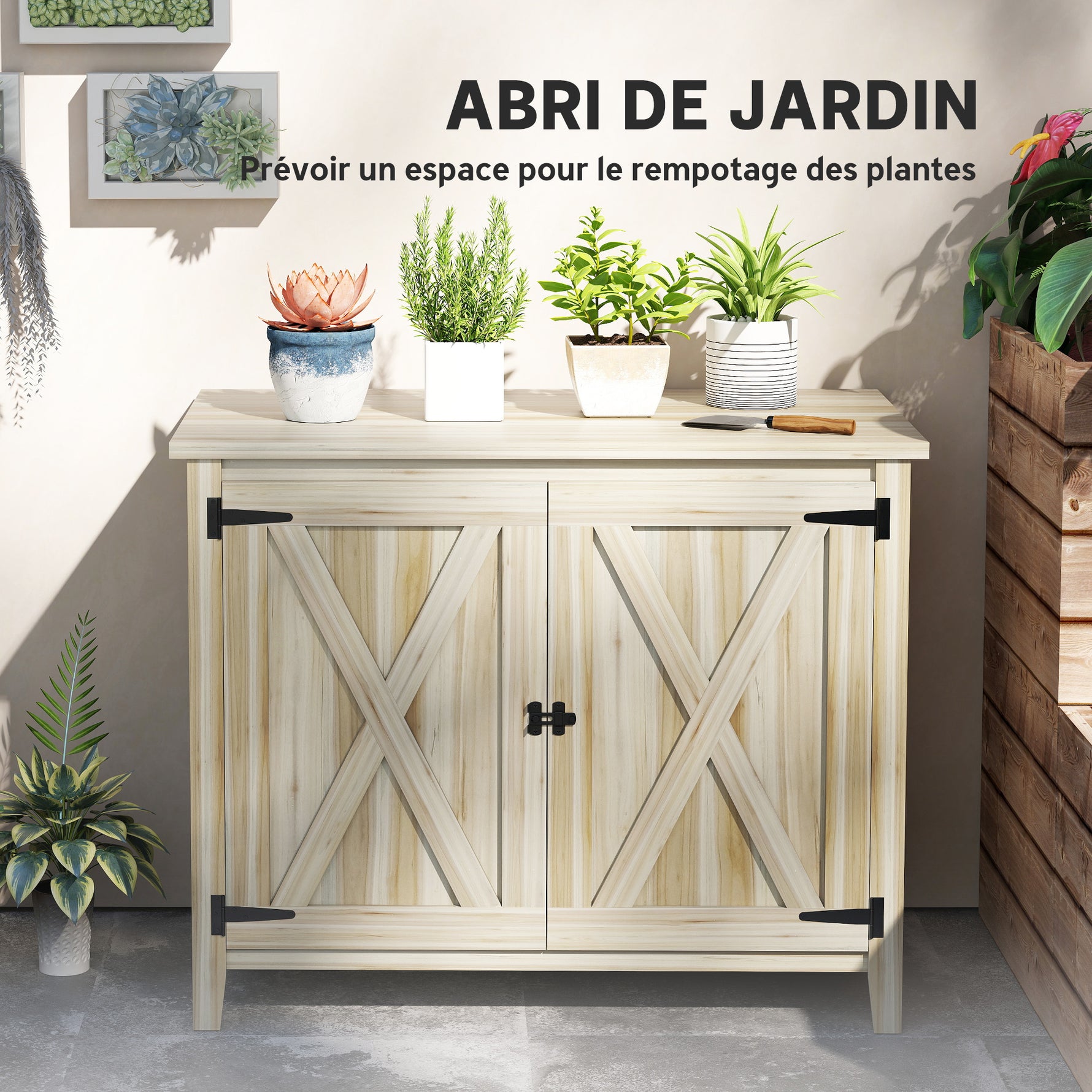 Armoire de jardin en bois, placard de jardin en bois avec étagères et double portes, 110 x 60 x 88,5 cm, bois naturel