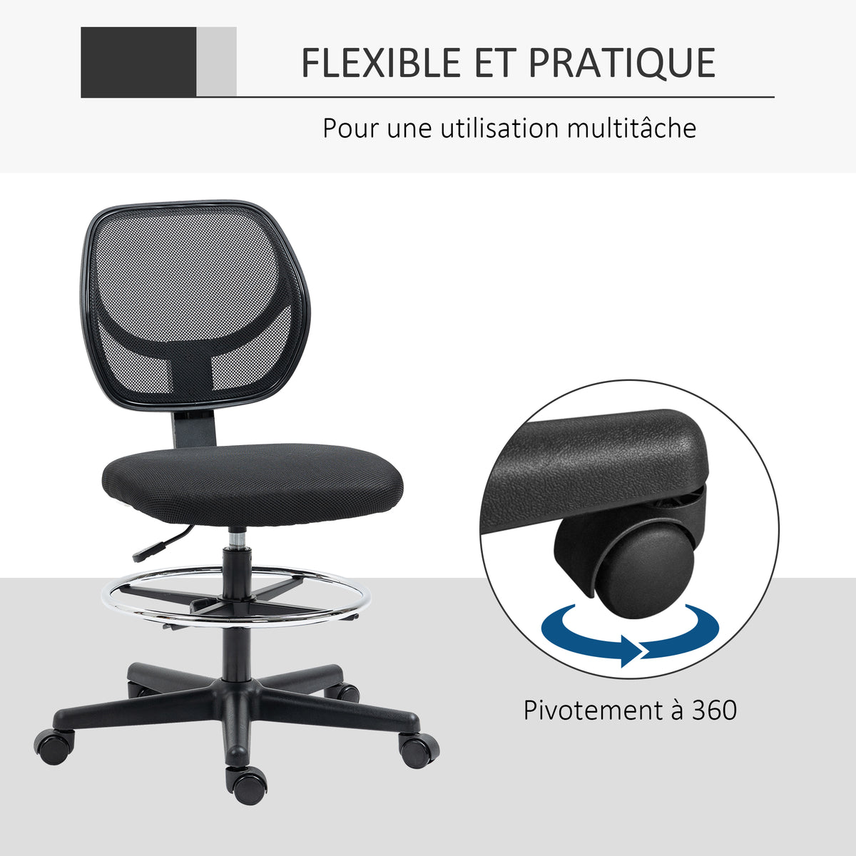 Chaise de bureau assise haute en maille hauteur réglable 50-70 cm avec repose-pied pivotant 360° noir