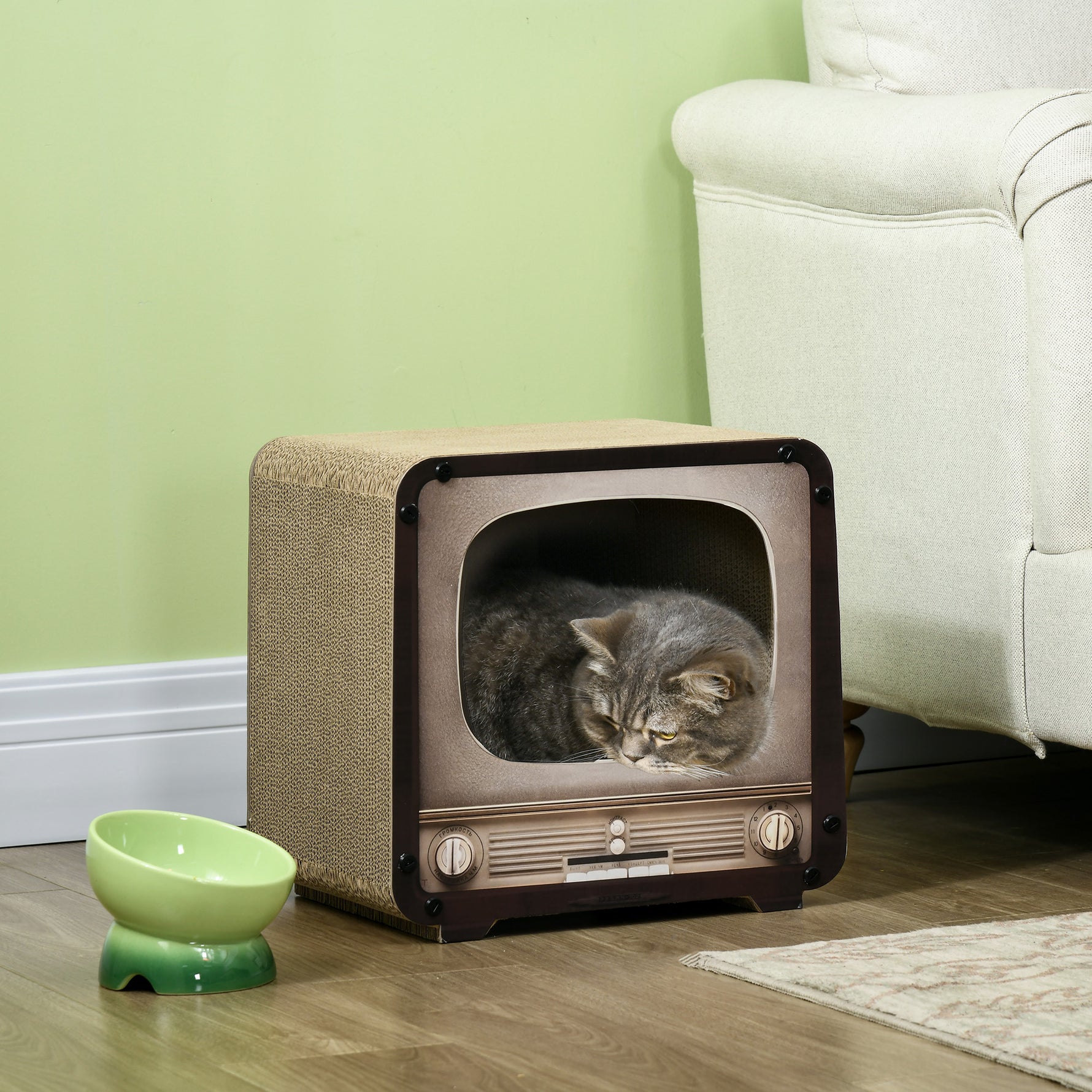 Griffoir pour Chat 2 en 1 en Forme de Téléviseur, Maison et Tapis à Griffer en Carton Ondulé, 39x29x37cm, Marron