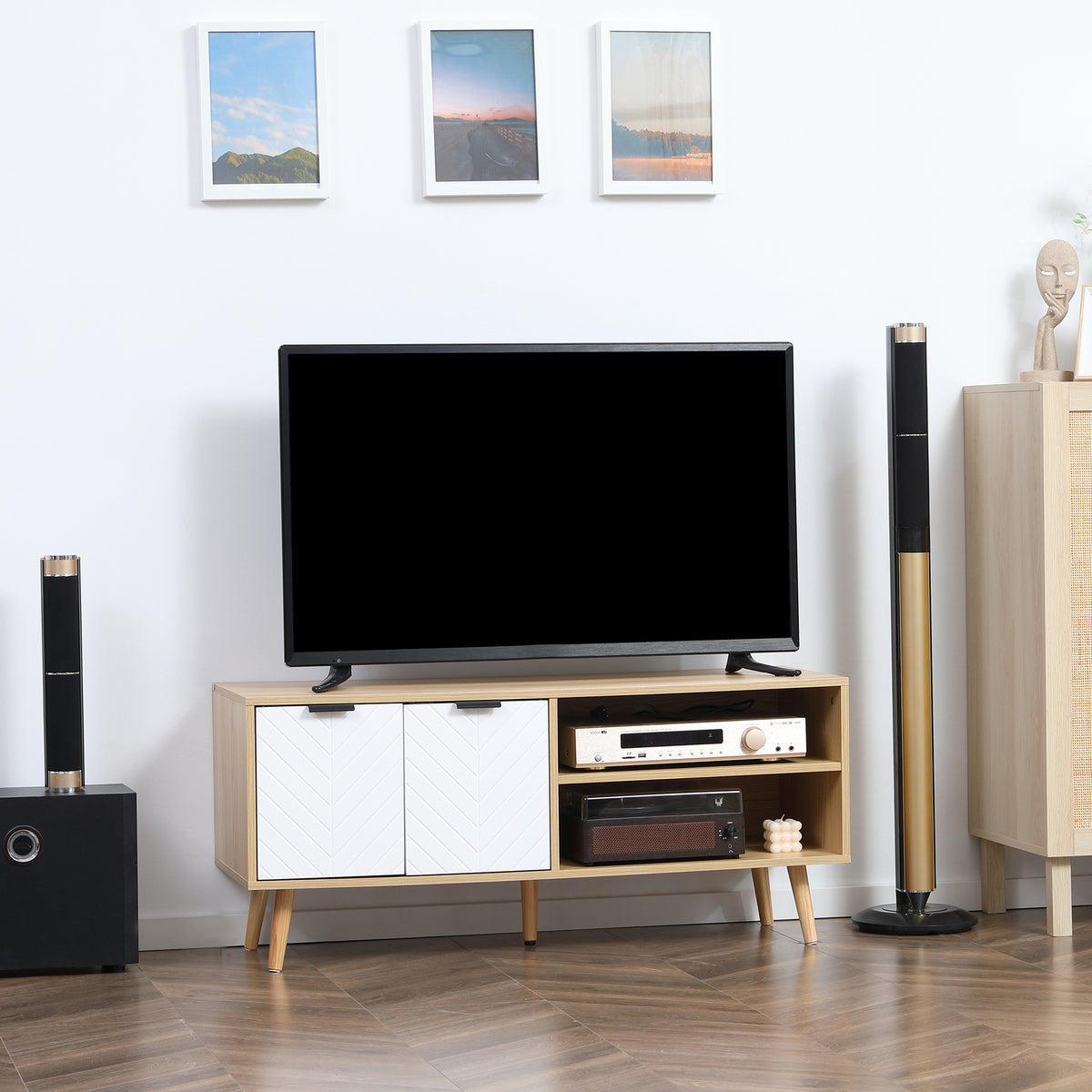 Meuble TV pour télévision jusqu'à 46 pouces design scandinave 2 portes 2 niches avec passe-câbles 110 x 39 x 48,8 cm