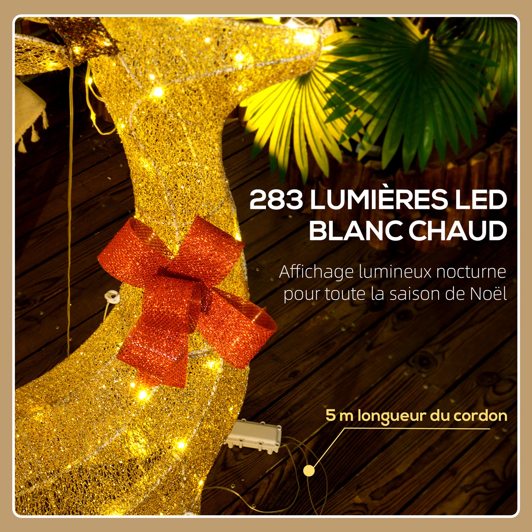 3 cerfs lumineux Noël, en forme de famille de cerfs, rennes lumineux Noël, en acier, 283 LED blanc chaud, or