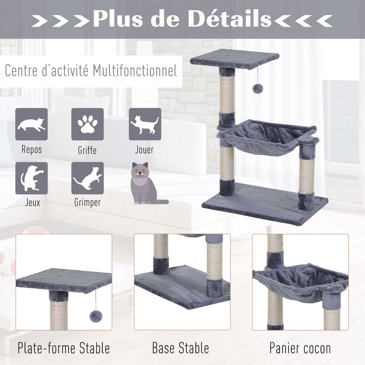 Tiragraffi per gatti, 3 colonne in sisal naturale, piattaforma, amaca e pallina sospesa, dim. 50L x 36P x 70A cm, in peluche corto grigio