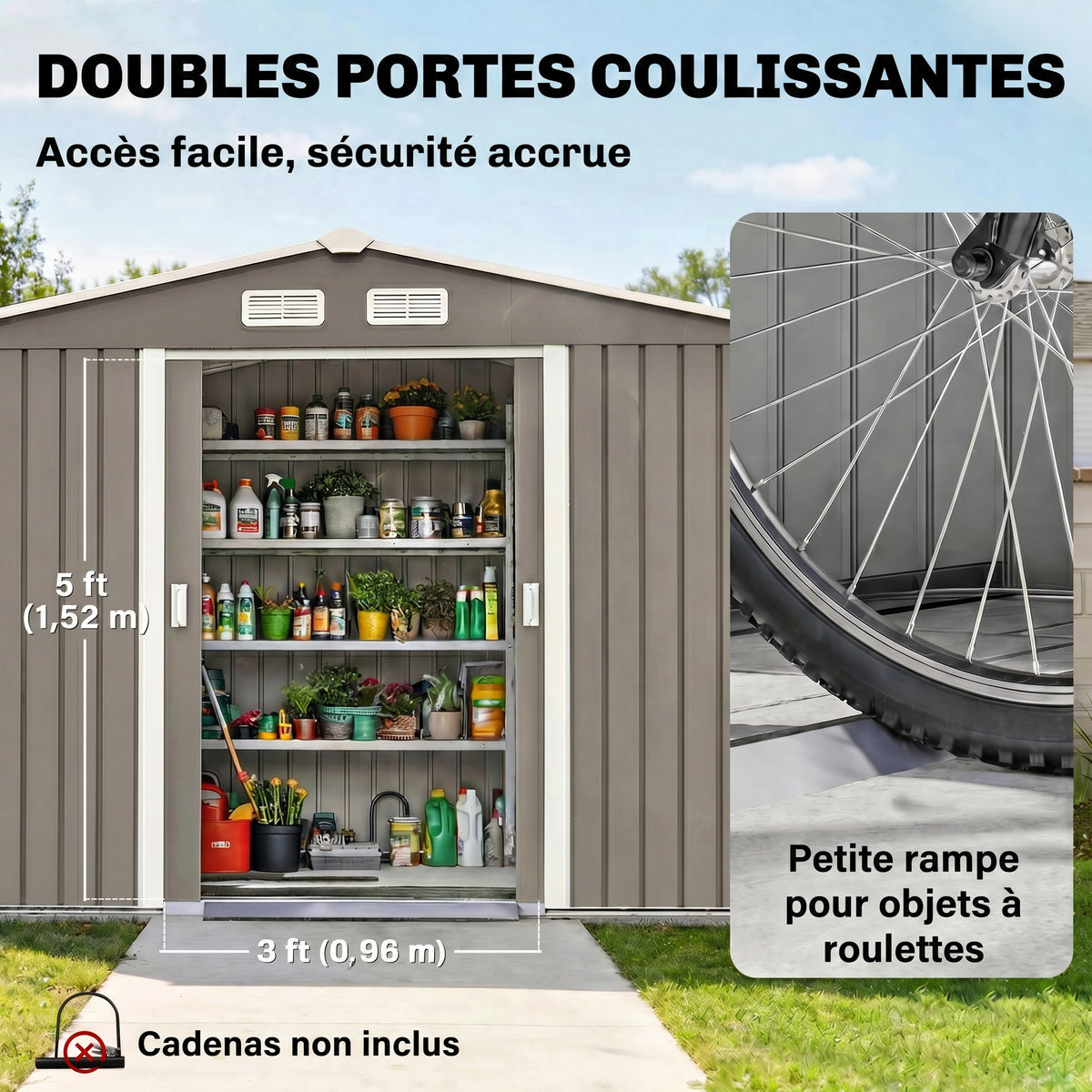 Abri de jardin 5,4 m² 2,77 x 1,95 x 1,92 m kit de fondation porte coulissante ventilations acier galvanisé, gris