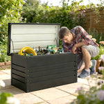 Coffre de rangement métal boîte de jardin 350L double vérins à gaz  verrouillable pour coussins outils gris anthracite