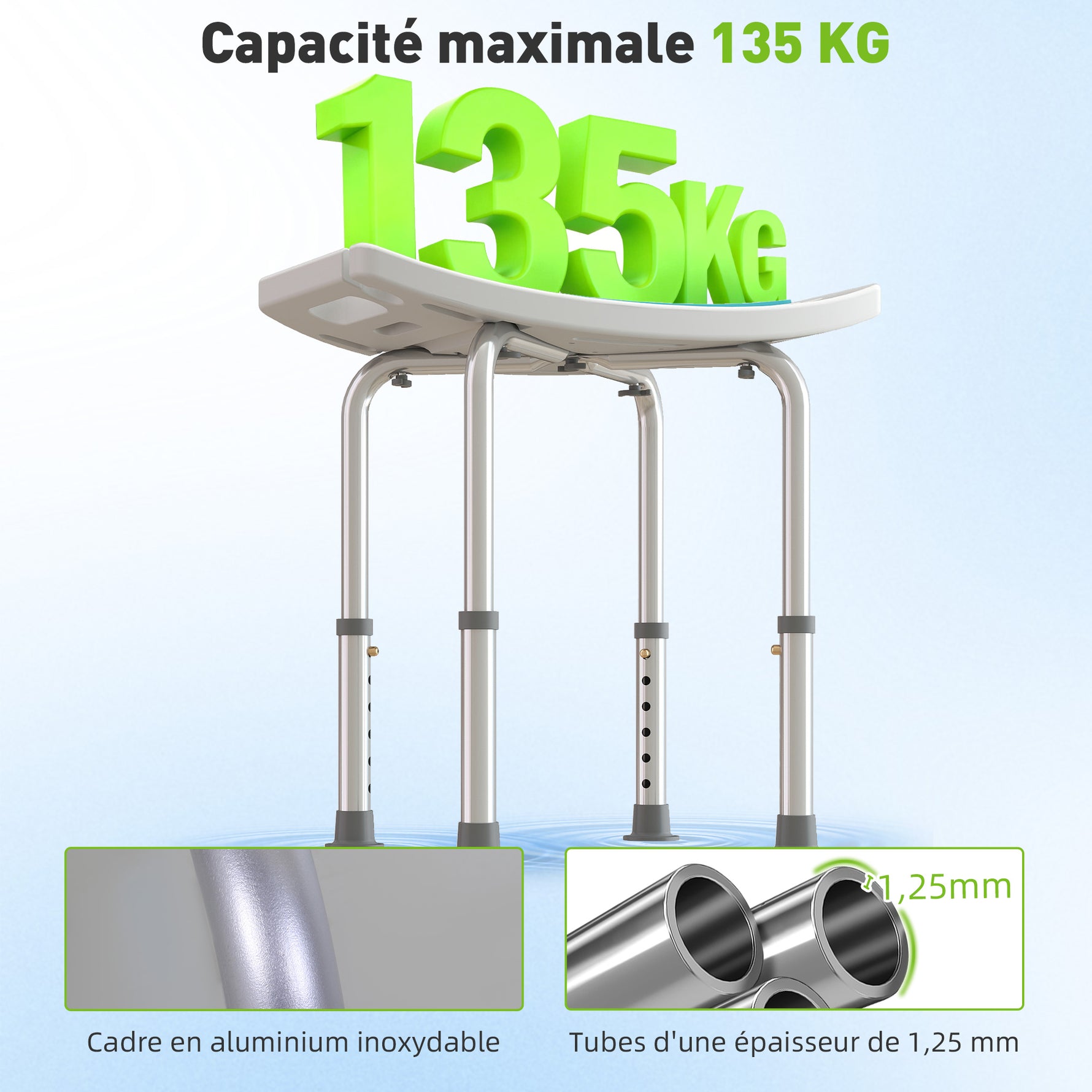 Siège de Douche réglable en Hauteur Tabouret de Douche Ergonomique Pieds antidérapants Charge Max. 135 Kg alu HDPE Blanc Bleu