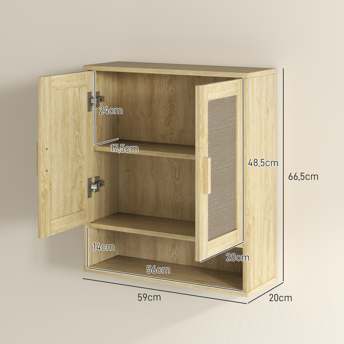 Mobiletto da bagno pensile, mobile WC sospeso con doppia anta e ripiano a giorno 59 x 20 x 66,5 cm effetto legno di quercia