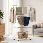 Séchoir à linge pliable 4 niveaux avec roulettes, étendoir linge intérieur avec ailes latérales, cadre en acier, blanc