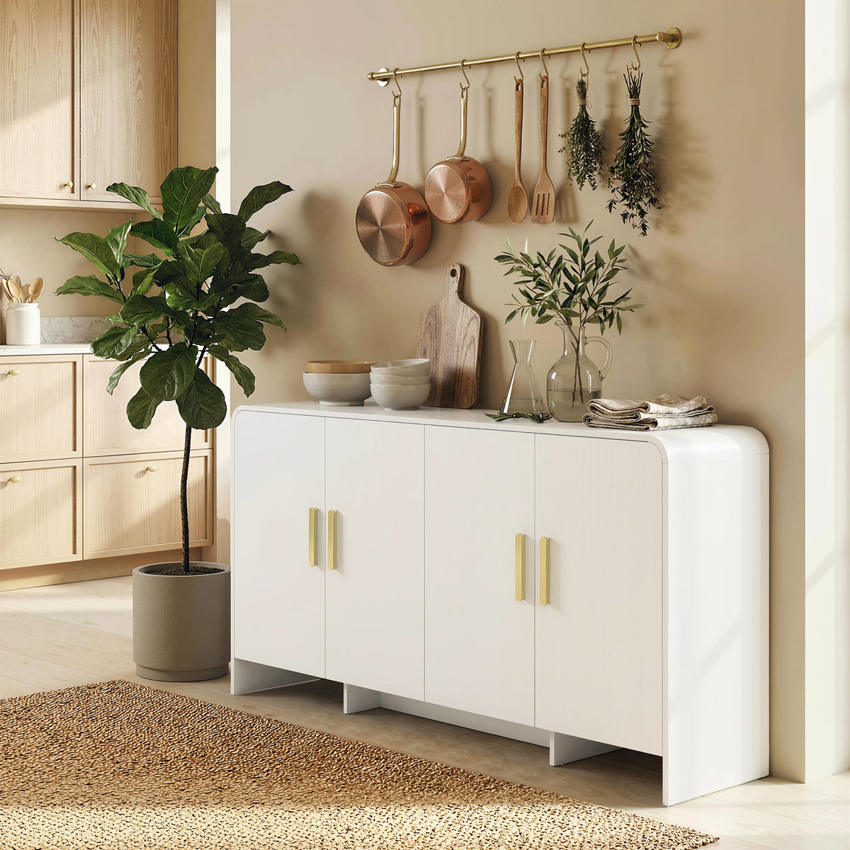 Buffet cuisine, meuble de rangement avec 4 portes à fermeture douce, 4 compartiments et bords arrondis, 152x40x80cm, blanc