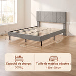 Cadre de Lit 140 x 190 cm avec Sommier et Tête Réglable, Lit Double Rembourré en Lin, Rangement au-dessous, Gris