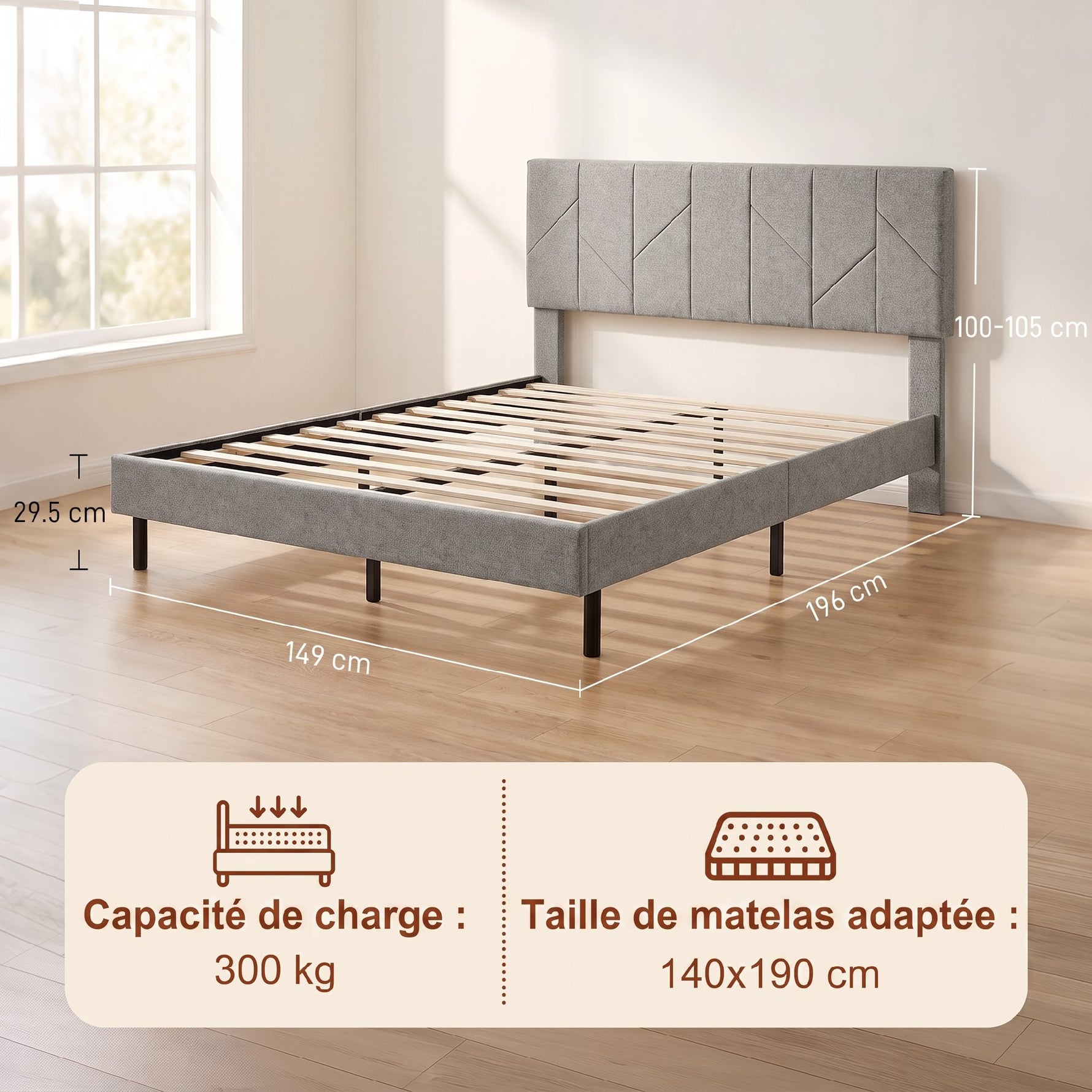 Cadre de Lit 140 x 190 cm avec Sommier et Tête Réglable, Lit Double Rembourré en Lin, Rangement au-dessous, Gris