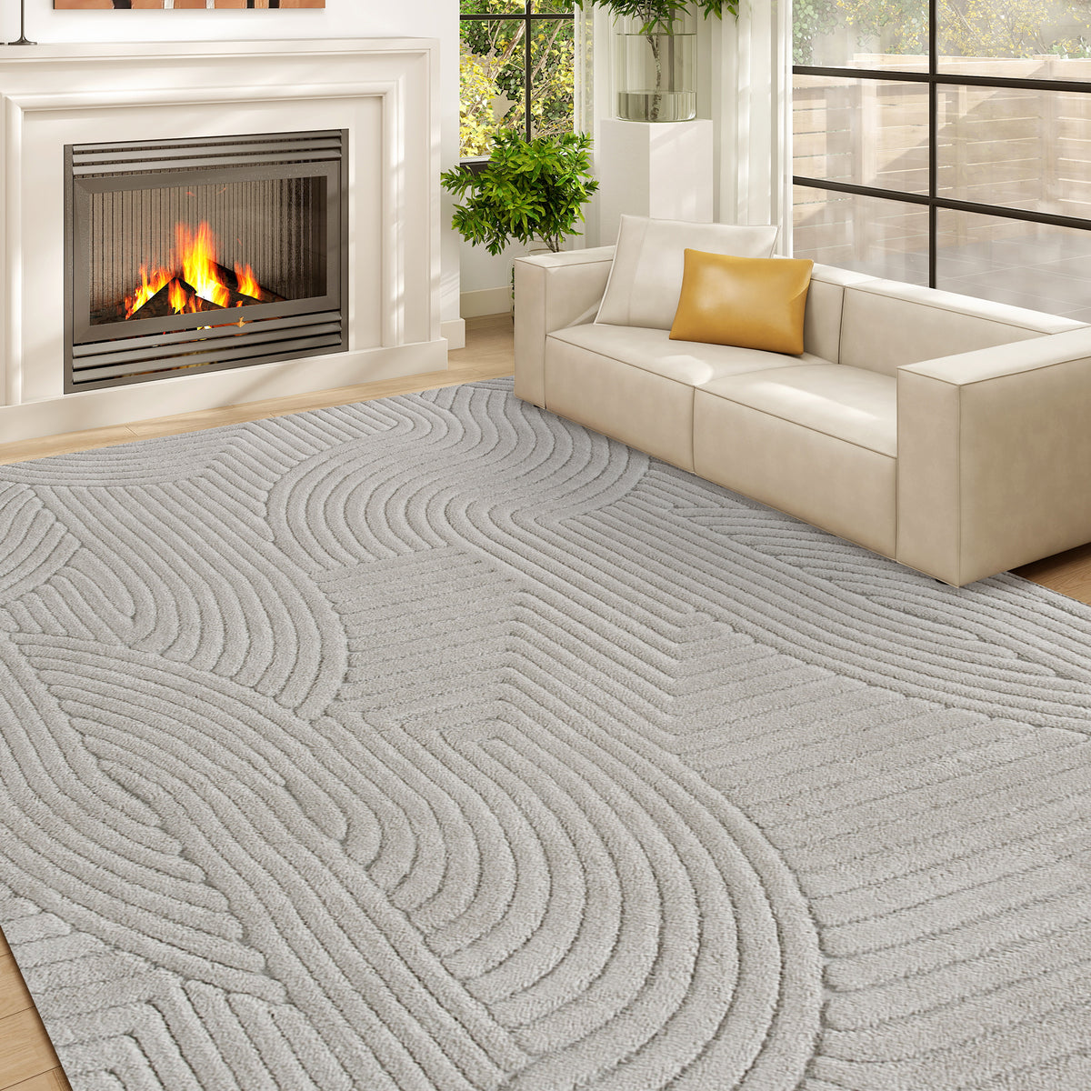 Tapis salon 160 x 120 cm, tapis à poils épais géométrique, moelleux et antidérapant, gris