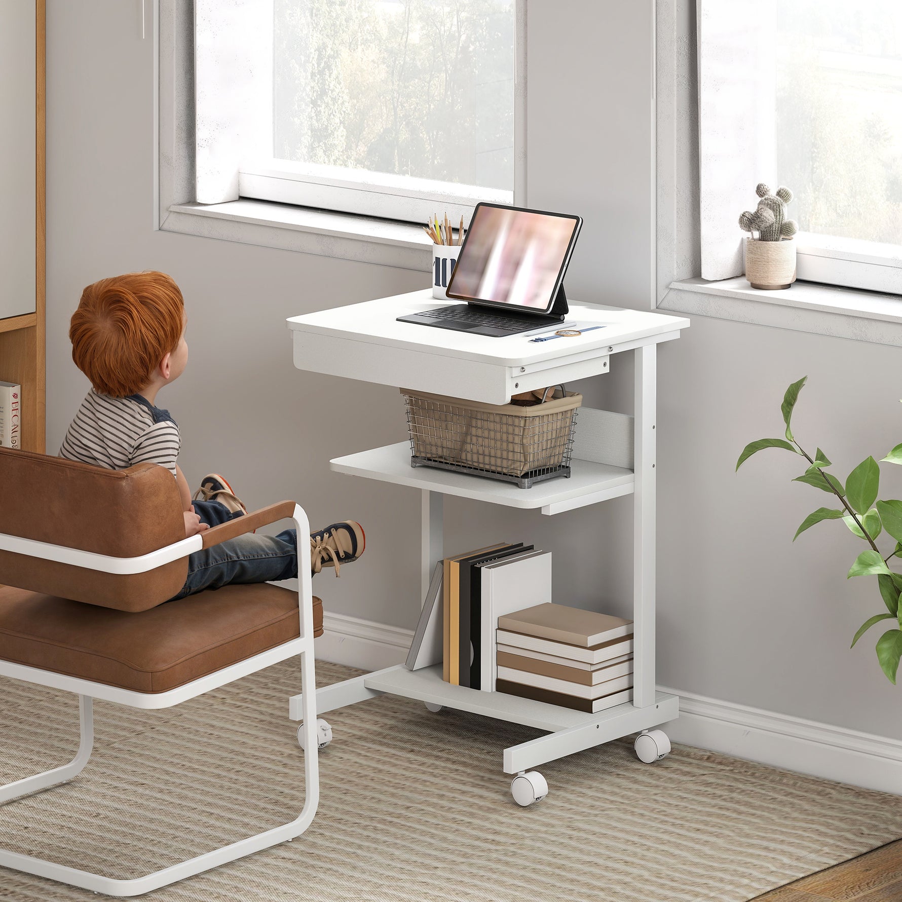 Bureau d'ordinateur sur roues, bureau avec rangement 56 x 51 cm avec tiroir, compartiment et support CPU, blanc