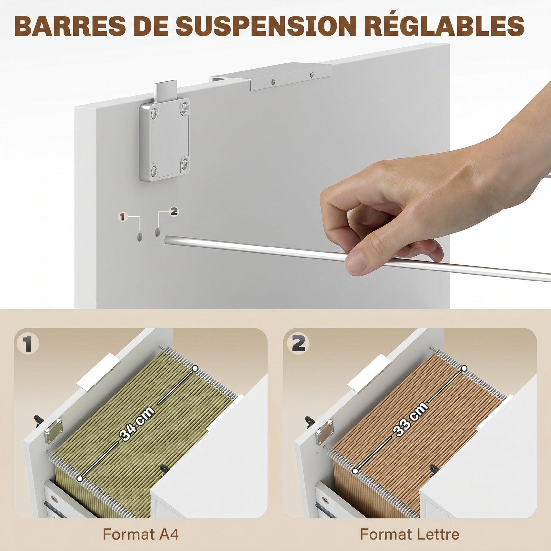 Caisson de bureau, meuble de rangement 2 tiroirs 2 barres pour dossier suspendu, verrouillable avec 2 clés 42x40x60 cm