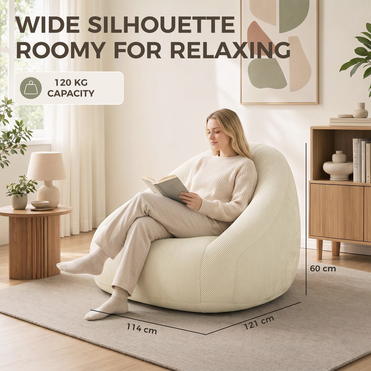 Pouf per adulti in velluto a coste, imbottito in schiuma, forma avvolgente, senza montaggio, 114x121x60 cm, crema