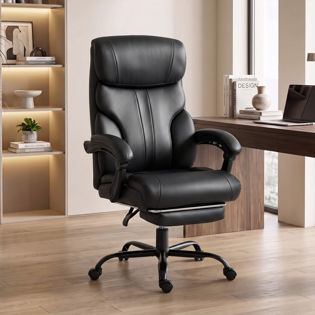 Chaise Bureau Ergonomique Inclinable, Fauteuil de Bureau en PU, Accoudoirs Synchronisés, Hauteur Réglable, Noir