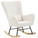 Fauteuil à Bascule, Rocking Chair en Peluche Teddy avec Dossier Haut, Coussin, Pieds en Bois d'Hévéa, Crème