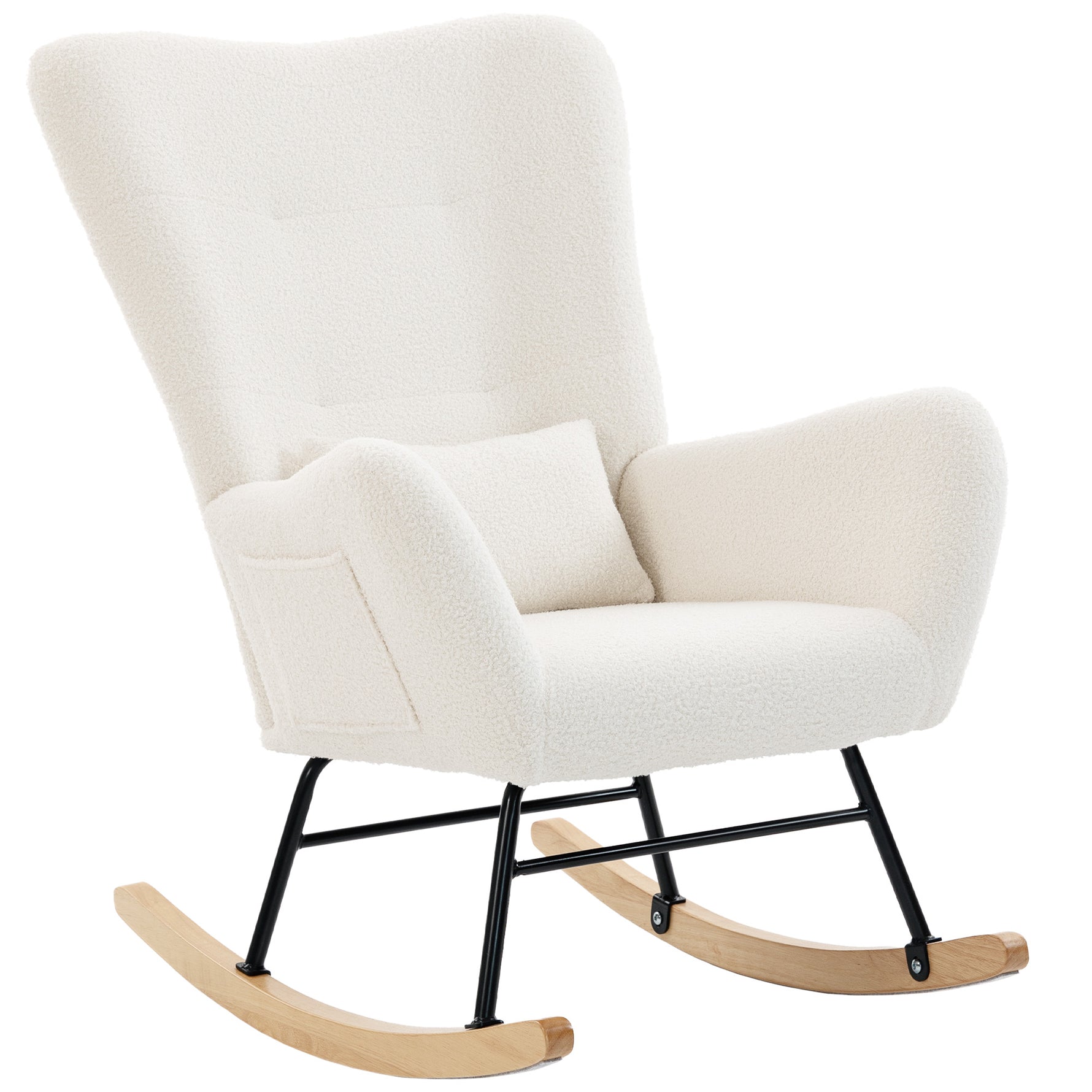 Fauteuil à Bascule, Rocking Chair en Peluche Teddy avec Dossier Haut, Coussin, Pieds en Bois d'Hévéa, Crème