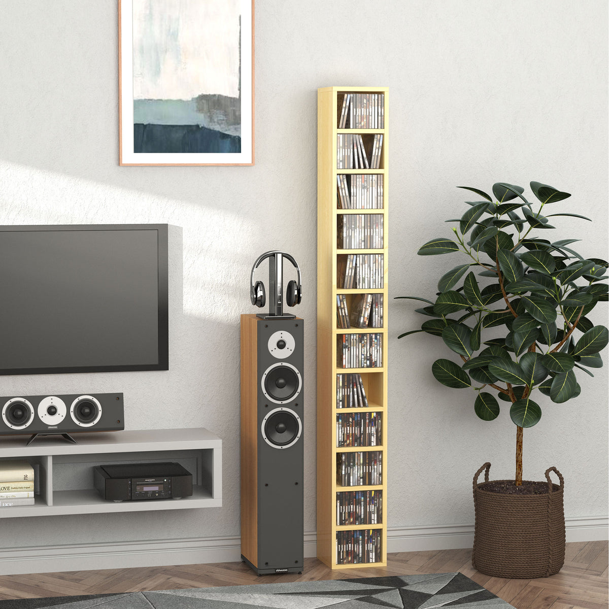 Rangements pour CD et DVD, étagère colonne de rangement, meuble de rangement bois naturel