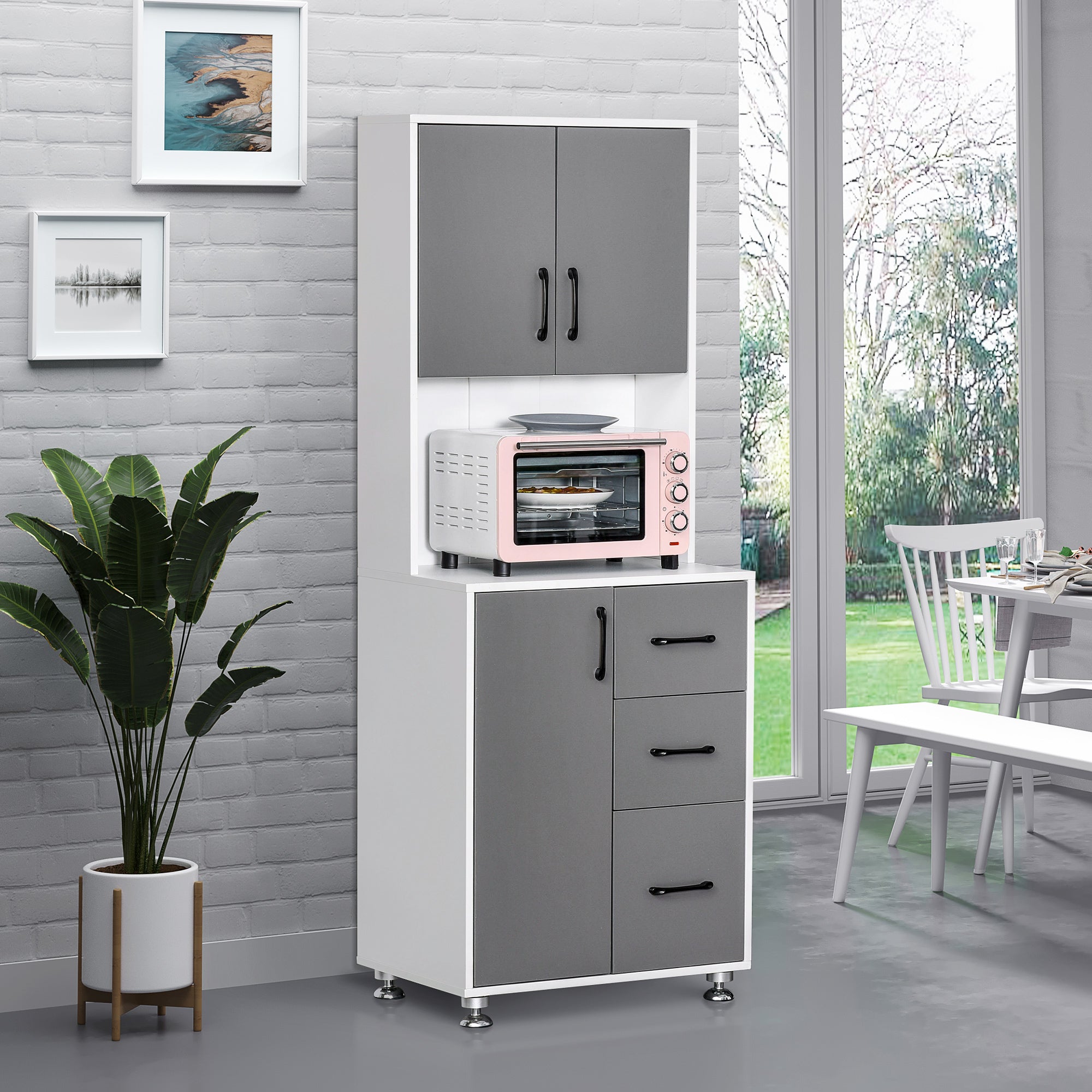 Aparador alto de cocina, armario de cocina, alacena con 3 puertas, 3 cajones y encimera, mueble de almacenamiento para salón, comedor, estilo moderno, 60 x 40 x 160 cm, gris