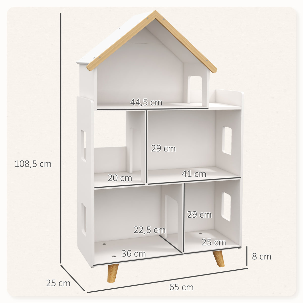 Libreria a forma di casetta per bambini, scaffale portaoggetti per giocattoli e libri, 3 livelli, 65 x 25 x 108,5 cm, bianco e naturale