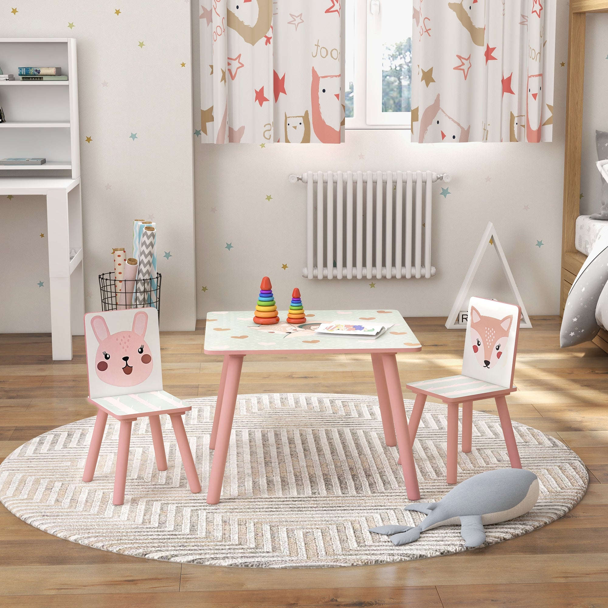Set tavolo e sedie per bambini, tavolo per bambini con 2 sedie, motivo animali per cameretta rosa