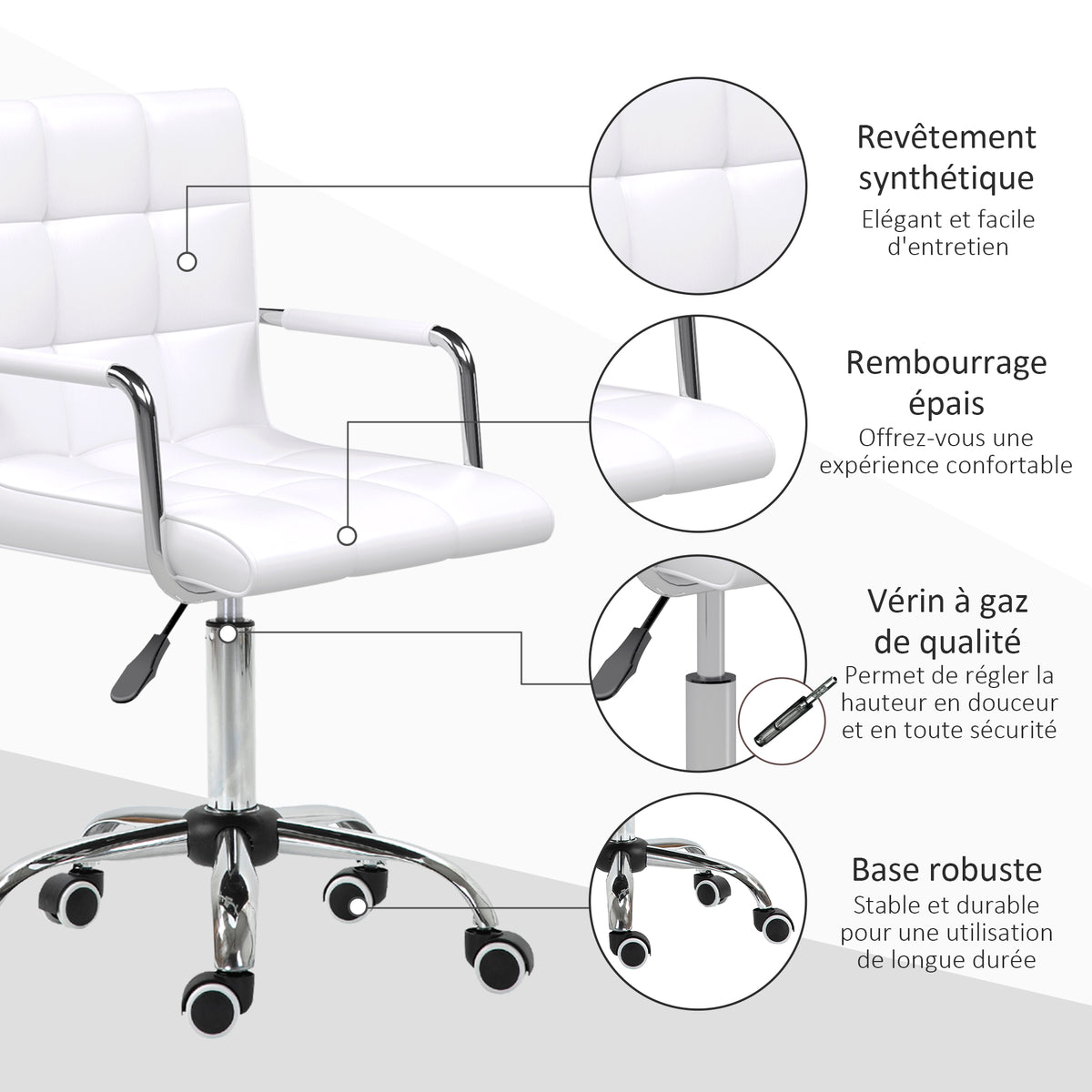 Chaise de bureau fauteuil manager pivotant hauteur réglable revêtement synthétique capitonné blanc