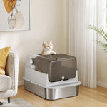Maison de Toilette pour Chat XXL en Inox, Couvercle 90°, Double Porte, Filtre Frontal, Pelle, 70x50x46,5cm, Gris