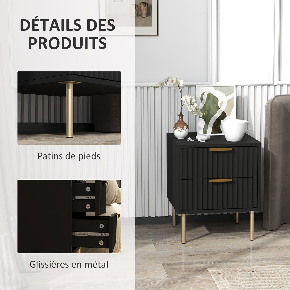 Mesita de noche, mesa de noche acanalada con 2 cajones y patas de acero, para dormitorio, salón, negro
