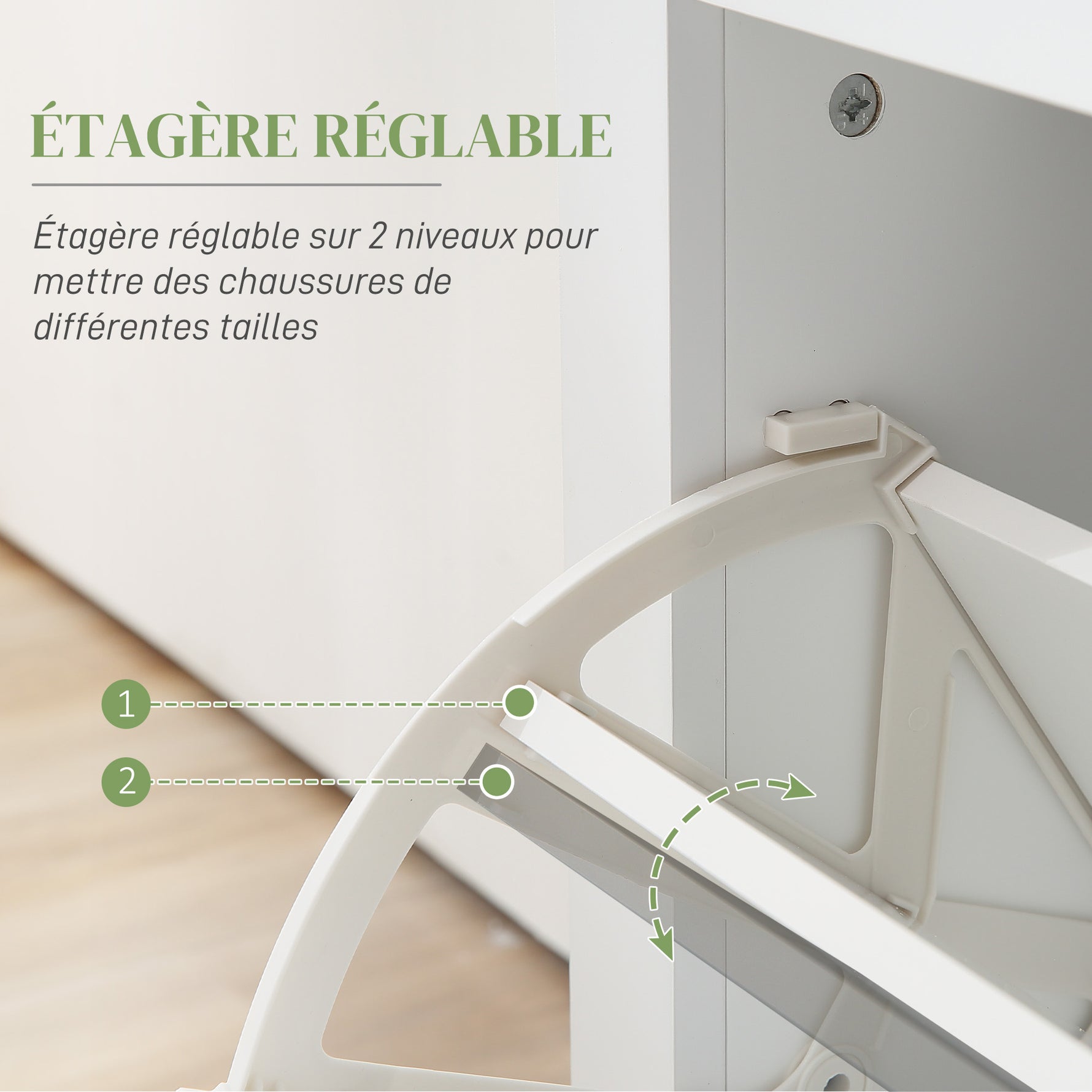 Armoire à Chaussures avec 2 Tiroirs Rabattables + 1 Tiroir Coulissant + 1 Comptoir et 1 Plateau en Verre blanc