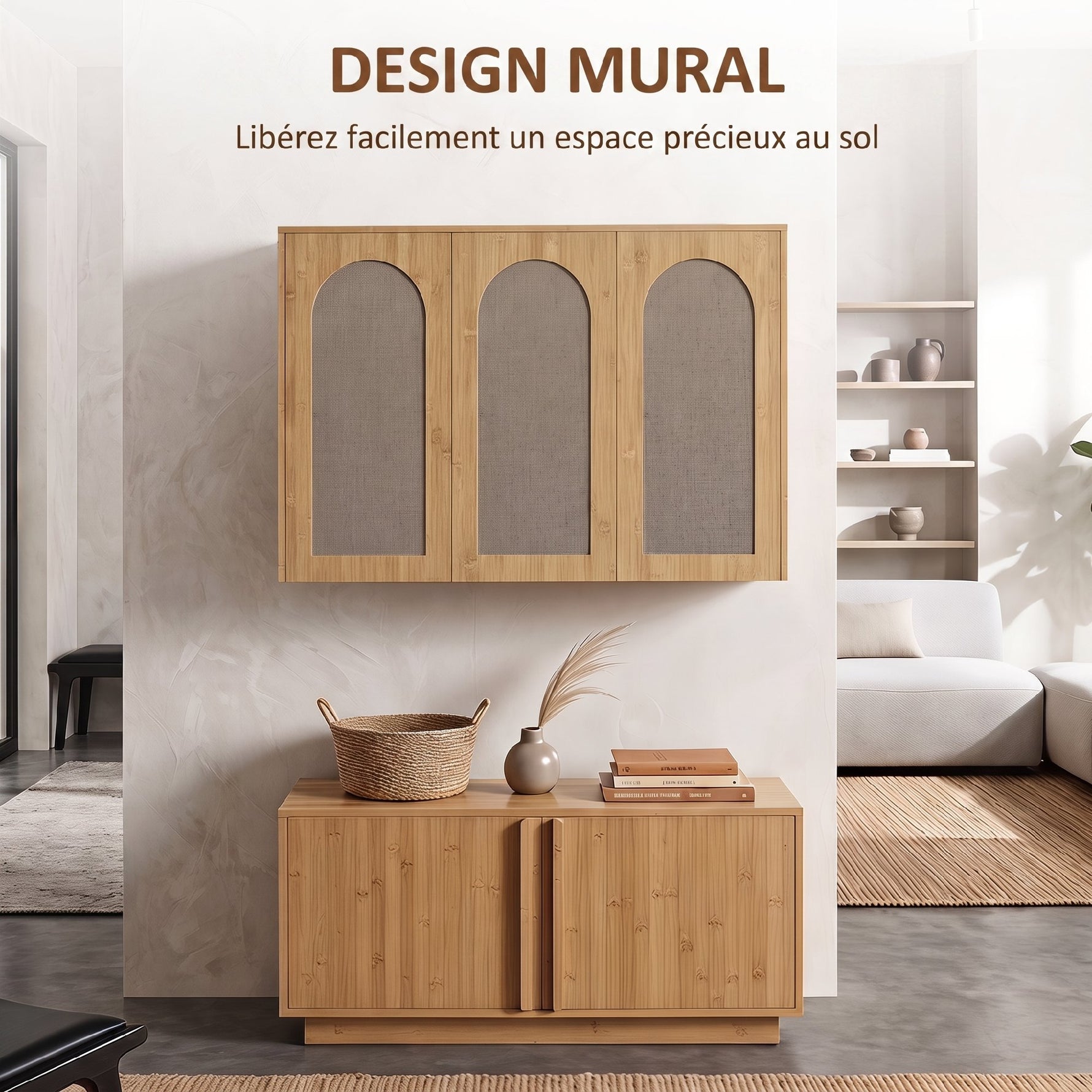 Armoire murale de salle de bain bohème avec 3 portes effet rotin à fermeture douce et étagère réglable, chêne