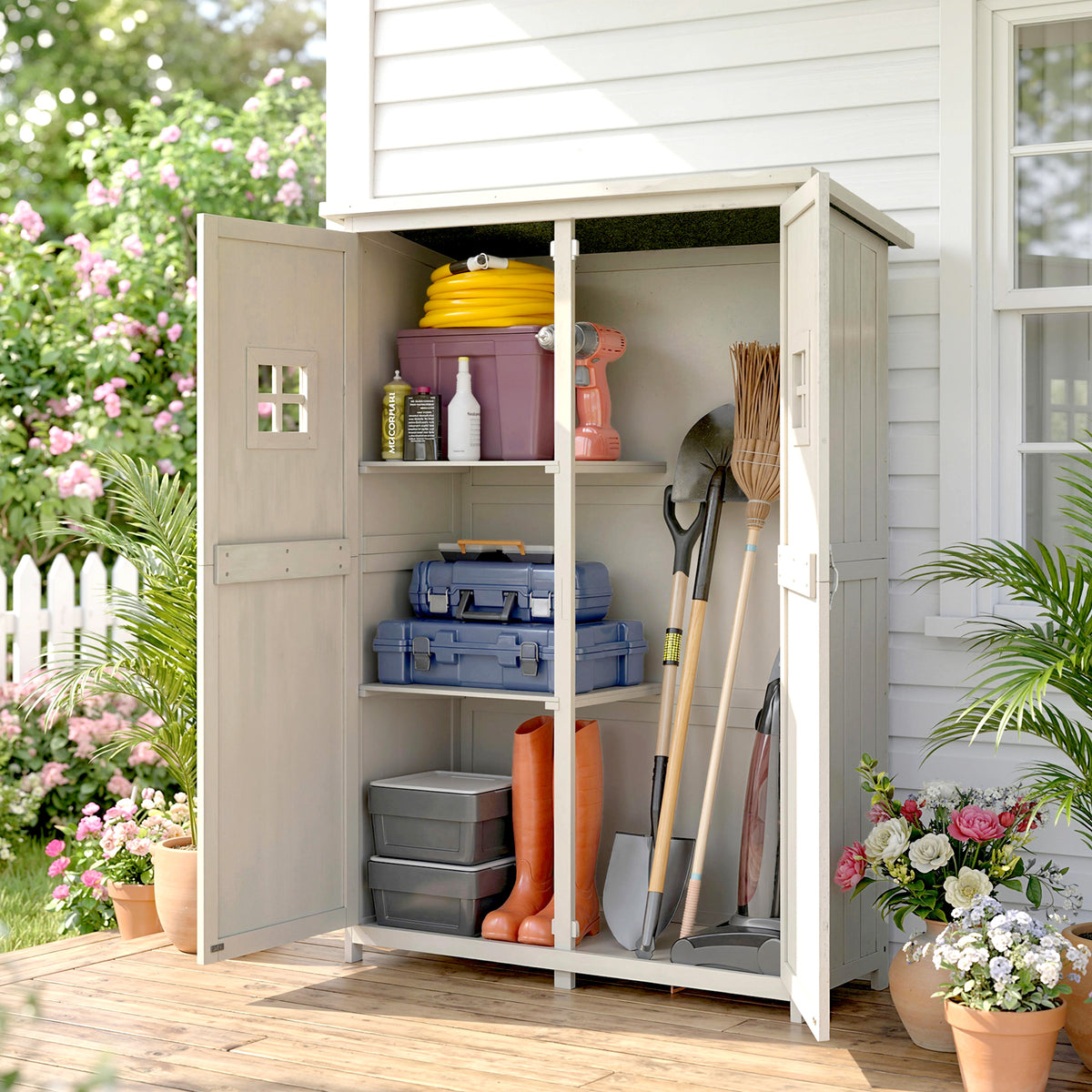 Abri de Jardin en bois Armoire de Jardin dim. 127,5L x 50l x 164H cm 2 étagères 2 Portes 2 fenêtres Toit bitumé étanche Bois Massif Sapin pré-huilé Gris