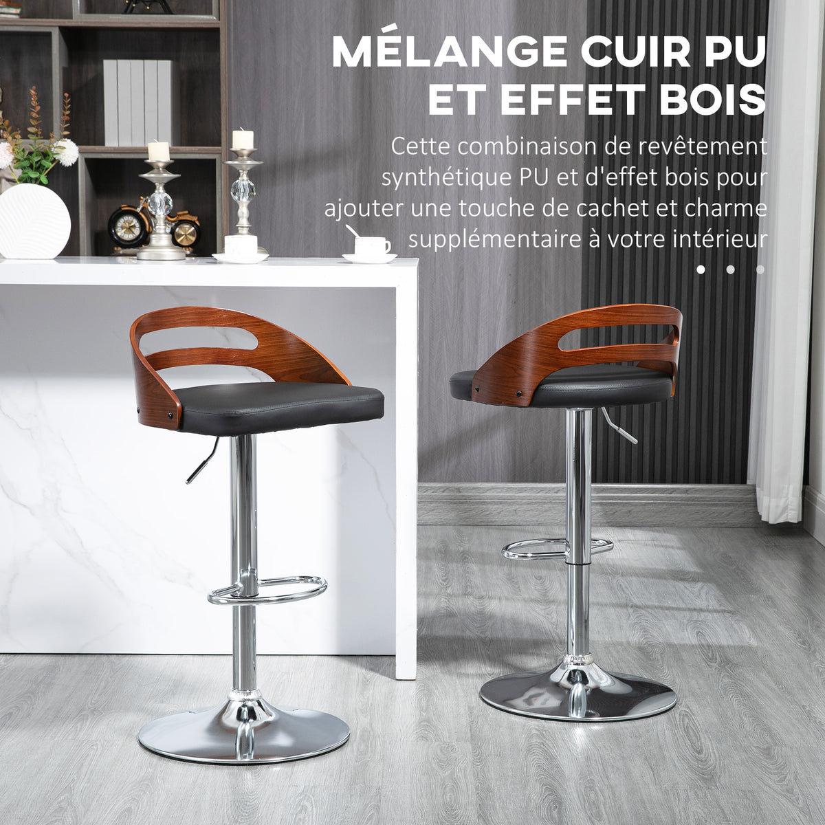Lot de 2 tabourets de Bar Hauteur d'assise réglable pivotant 360° revêtement synthétique Noir Dossier ajouré
