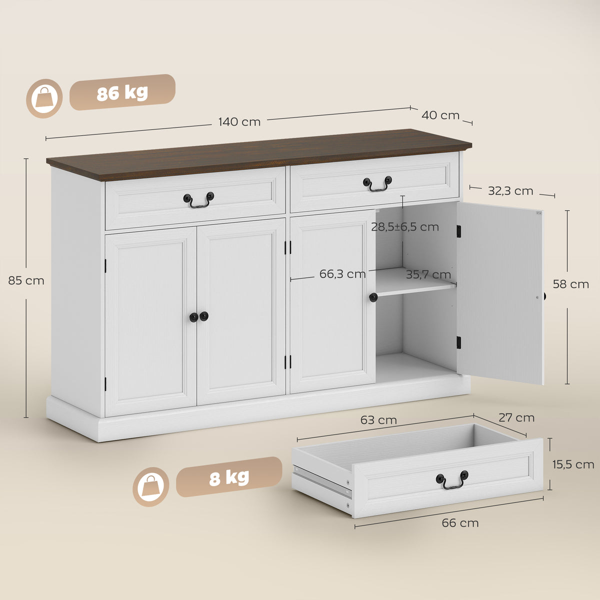 Buffet salon, meuble de rangement avec 4 portes, 2 tiroirs silencieux, étagères réglables, 140x40x85cm, blanc et marron