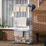 Séchoir étendoir à linge sur roulette pliable ailes latérales intérieure et extérieure 73 x 64 x 177 cm bleu argent